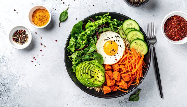 Colorful healthy bowl with egg, quinoa, vegetables