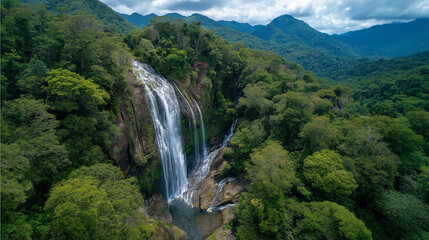 Majestic waterfall surrounded by lush tropical jungle, cinematic drone perspective, untouched natural wonder