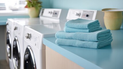 Sideangle view of neatly folded bright blue towels on a smooth blue countertop in a modern laundry room with blurred white appliances and pastel decor creating a fresh, clean, and inviting atmosphere