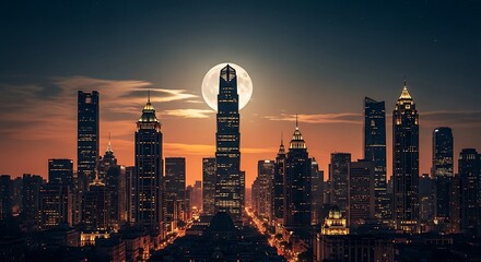 Cityscape at Night with Full Moon Rising Behind Skyscrapers, Illuminated Streets