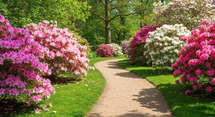 A winding path through a vibrant azalea garden