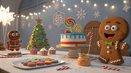 Festive gingerbread men and colorful cookies on a holiday table cozy kitchen 3d render warm ambiance celebratory