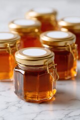 Small, hexagonal glass jars filled with amber-colored honey, arranged on a white marble surface.  Gold-colored lids and blank labels