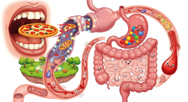 Adorable cartoon digestive system with happy cells processing delicious pizza and colorful nutrients for optimal health and digestion