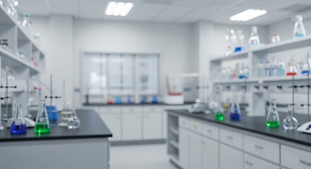 Modern laboratory with colorful chemicals in beakers and flasks, scientific research setting