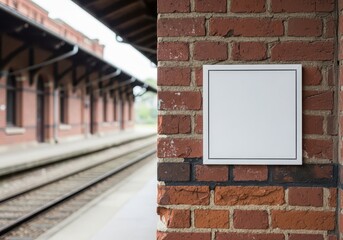A blank square white sign offers a clean mockup space on a rustic red brick wall at an empty train station platform with tracks in the background