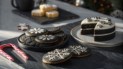 Festive holiday treats delicious black and white cookies and cake on a marble table cozy kitchen environment gourmet photography