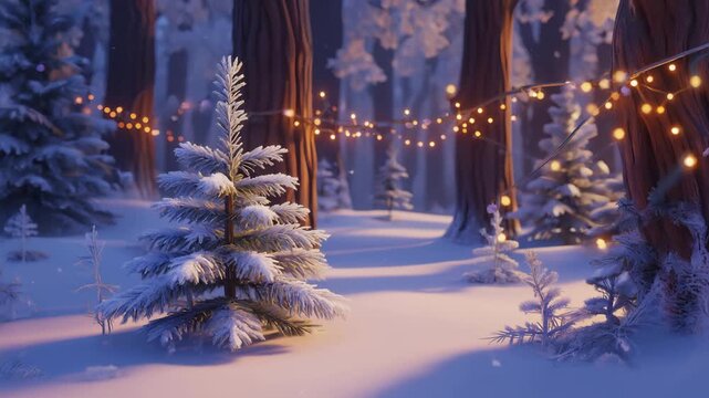 3D Animated Snow Covering Forest and Frosted Bushes Path Lit by Strings of Bright Lights