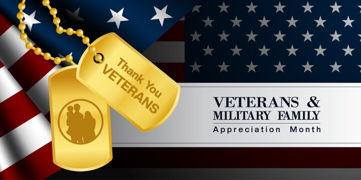 November is Veterans And Military Family Appreciation Month. Tag, Family and american flag. Suitable for posters, banners and social media. Black background. - Powered by Adobe