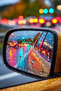 Primer plano de una grieta en un espejo retrovisor con gotas de agua y luces de tr&aacute;fico en el fondo