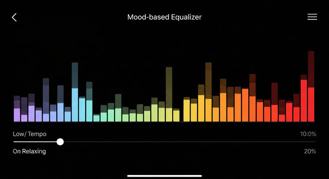 Dynamic mood equalizer interface with vibrant spectrum bars and tempo slider for personalized audio experiences