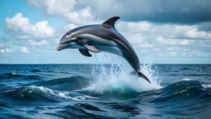 Obraz premium A dolphin leaps from the ocean under a cloudy sky showcasing its grace and power in nature