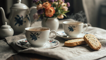 Fototapeta premium Close-up of an elegant tea setting with teapot, cup of herbal tea, biscotti, and floral props, cozy afternoon tea scene, gourmet tea photography, tea lifestyle, warm and inviting beverage concept