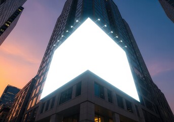 Large blank illuminated digital billboard on a modern city skyscraper at twilight, ready for custom promotional content or an important message