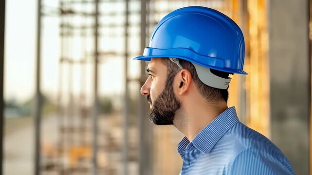 Confident construction engineer in blue hard hat