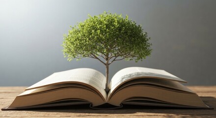 A young tree grows from an open book, resting on a wooden surface