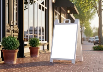 Blank White A-Frame Sign Mockup on Sidewalk in Front of Storefront with Sunlight, Ready for Custom Messages and Business Promotions