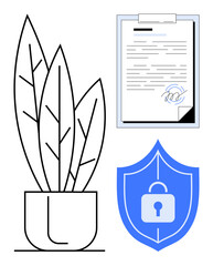 Document clip on clipboard with signature, secure shield, and a potted plant. Ideal for data security, digital contracts, eco-conscious processes, legal work, online privacy, business ethics secure