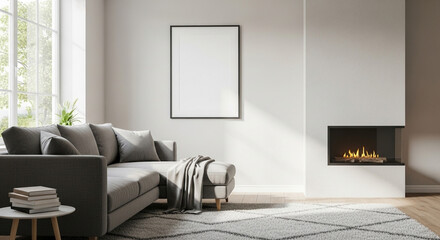 Fototapeta premium Cozy modern living room sanctuary with plush sofa, warm fireplace glow, and abundant natural light creating a peaceful ambiance for relaxation and home decor inspiration.