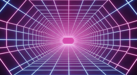 Fototapeta premium Vibrant neon grid tunnel with futuristic glowing portal, perfect for digital art, gaming, and abstract backgrounds