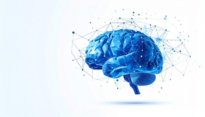 Stylized blue digital brain with neural network on gradient background.