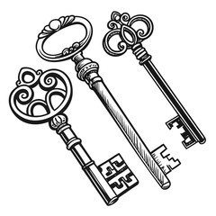 Detailed vector illustration of vintage antique keys with ornate designs. Perfect for logos, tattoos, invitations, retro decorations, mystery themes, and decorative graphic design projects.