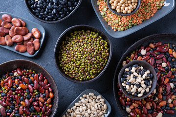 Variety of legumes, lentils, beans, plant based vegan protein source