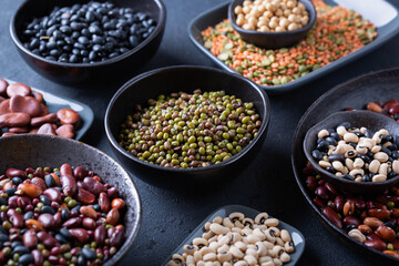 Variety of legumes, lentils, beans, plant based vegan protein source