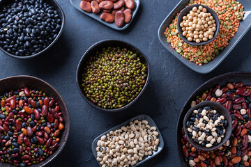 Variety of legumes, lentils, beans, plant based vegan protein source
