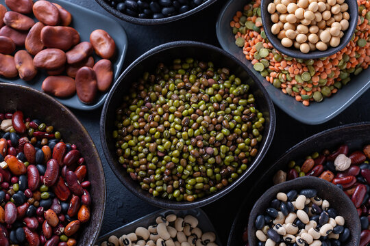 Variety of legumes, lentils, beans, plant based vegan protein source