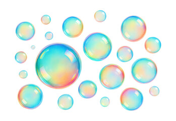 Colorful soap bubbles on a white background.