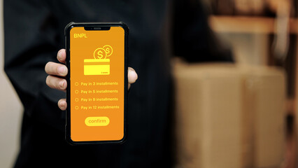 BNPL installment options on smartphone with confirm button, mobile checkout for small business