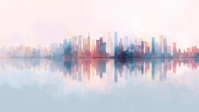 Panoramic cityscape, soft pastel colors, reflected in still water