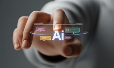 Close-up hand interacting with futuristic AI interface and colorful chat bubbles, ideal for illustrating artificial intelligence in digital communication and virtual assistance