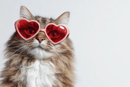 Cute fluffy kitten with heart shaped sunglasses on white background. Tabby happy cat with red heart eyeglasses. Pet party. Valentines Day. Love kitten cat wearing red heart shape glasses isolated - Powered by Adobe