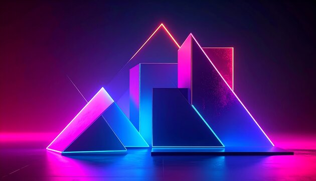 Abstract geometric design with glowing neon outlines. Bright pink, purple, and blue hues illuminate angular shapes against a dark backdrop
