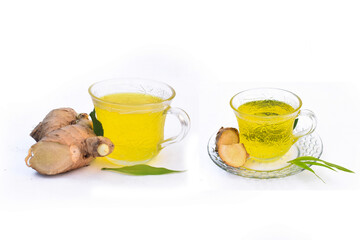 Glass cup of tasty green tea on white background, Creative layout made of cup of tea, green tea, black tea, fruit and herbal, tea, turmeric, ginger on white background.Flat lay. Food concept.