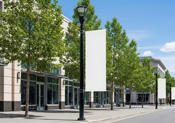 Standard urban background featuring blank white advertising banners on a city sidewalk. Modern business district with empty storefronts for mockup