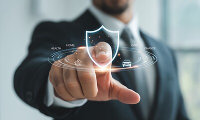 Businessman touching digital shield interface with icons for health, home, car, and finance, ideal for illustrating modern insurance solutions and financial protection concepts