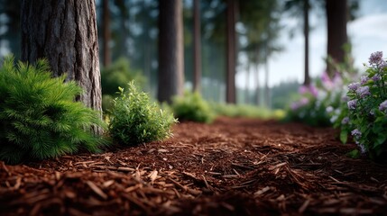 Forest Floor Covered in Mulch with Trees Greenery and Flowers on a Sunny Day