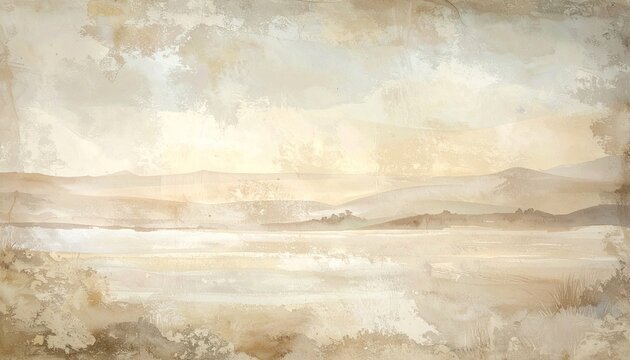 Muted landscape, watercolor-style.  Pale beige, tan, and light gray hues depict a tranquil, distant vista.  Soft, diffused light suggests a sunrise or sunset.