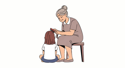 Elderly woman gently combing a young girl's hair while sitting on a stool against a plain white background with a warm and intimate mood.
