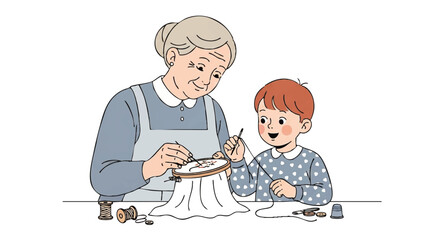 An older woman and a young boy sitting at a table, engaged in sewing and crafting activities with various tools and materials.