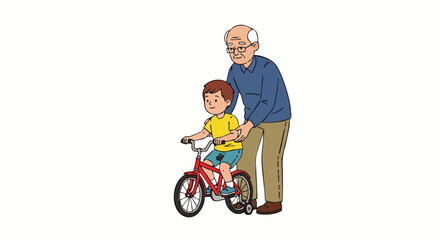 An elderly man assisting a young boy riding a red bicycle with training wheels on a plain white background.