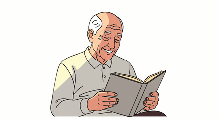 Illustration of a smiling senior man reading a book in a relaxed pose against a plain white background with a warm and calm mood.