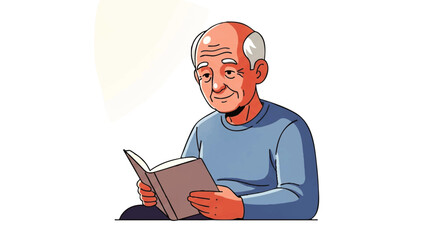 Illustration of an elderly man reading a book with a gentle expression against a plain white background.