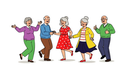 A group of five senior adults dancing in a line with colorful outfits on a white background.