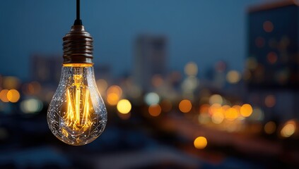 Vintage Edison bulb, illuminated, hanging over blurred cityscape at night