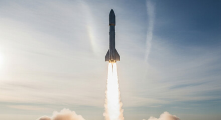 Powerful rocket blasting off into a clear sky with bright engine exhaust and wispy clouds, symbolizing innovation and exploration.