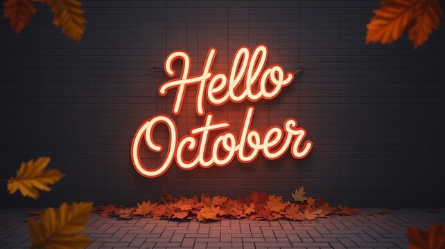 Warm orange neon sign saying hello october with autumn leaves and a brick wall background for seasonal decoration